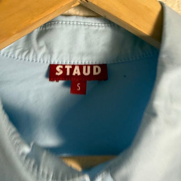 STAUD Seneca French Blue Boxy Cropped Long Sleeve Button Up Collared Top Small - Picture 10 of 11